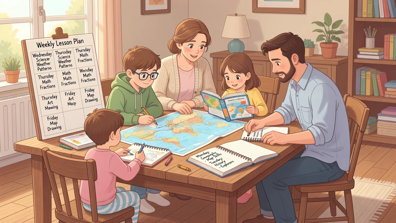 A homeschool family using books, maps, a notebook, and a weekly lesson plan