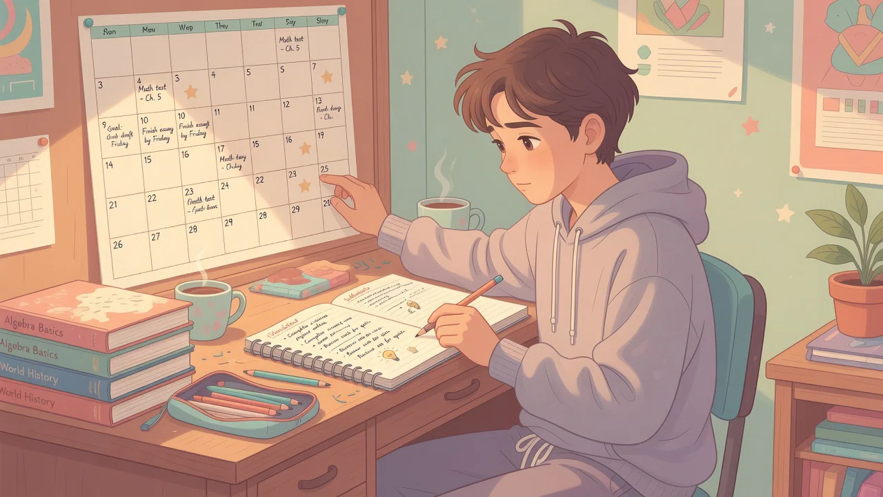 An eighth grader planning school goals with a calendar and notebook