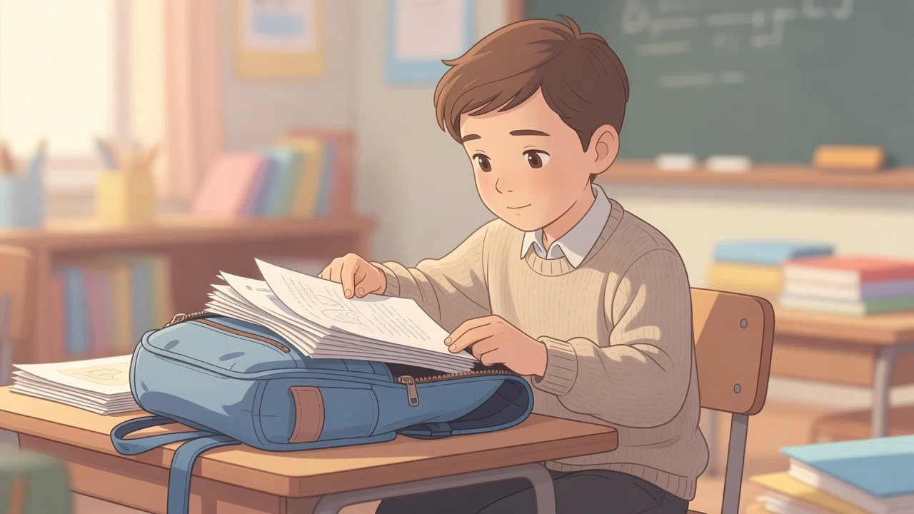 Elementary school child sorting papers into a backpack folder