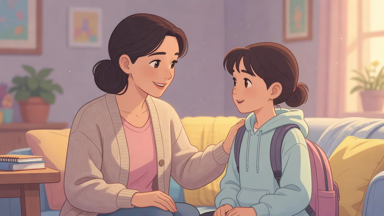 A parent and middle school student talking before the school year