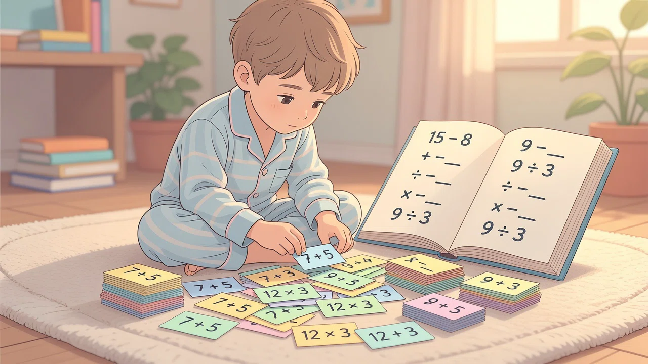 A child sorting mixed math problems beside a focused lesson page