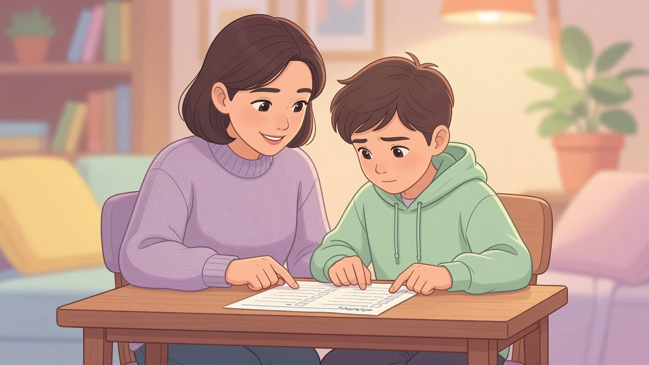 A parent and sixth grader reviewing a middle school checklist