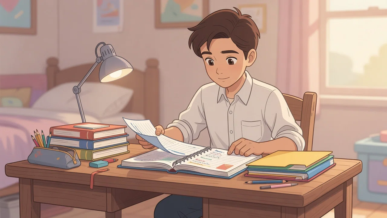 A middle school student organizing homework in a planner and folder