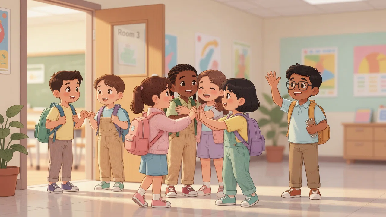 Elementary school children greeting each other outside a classroom