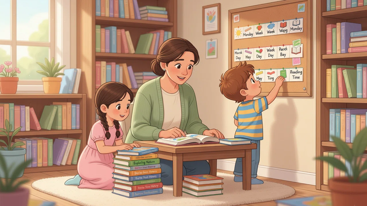 A homeschool parent and two children choosing books and a timeline for the week
