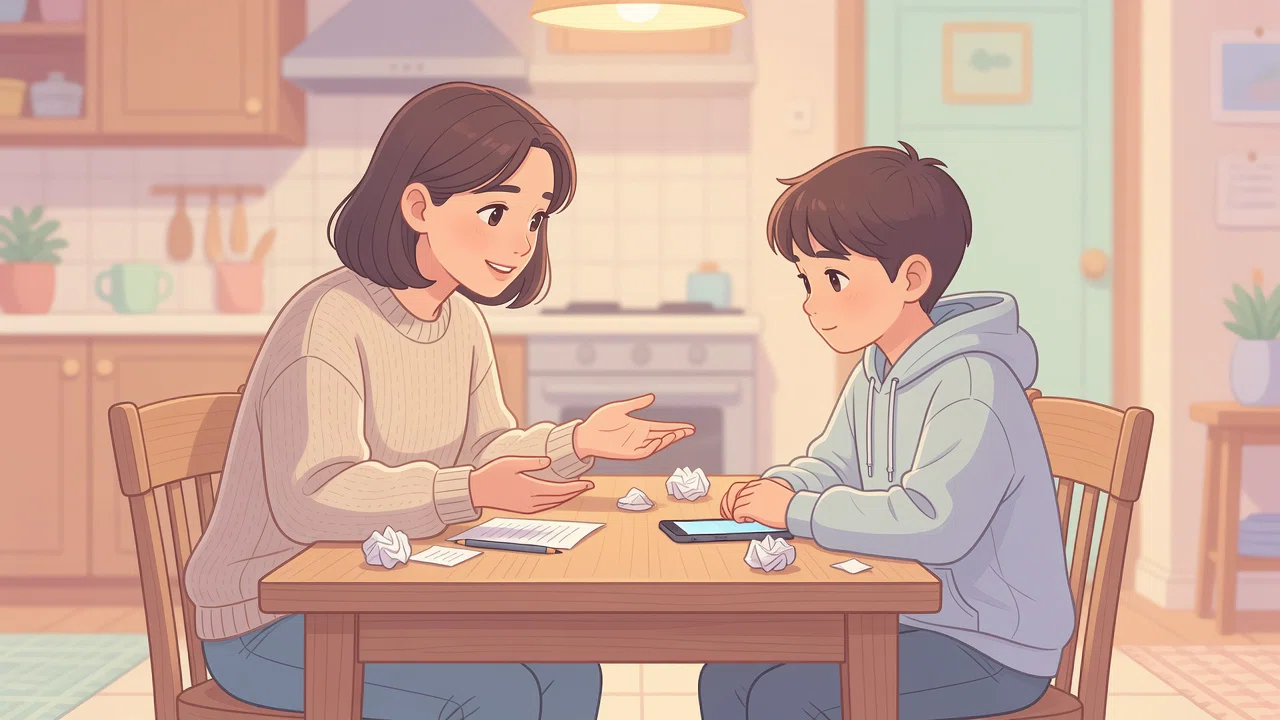 Parent and middle schooler discussing phone rules at a kitchen table