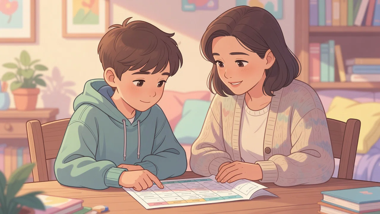 Sixth grader reviewing a middle school class schedule with a parent