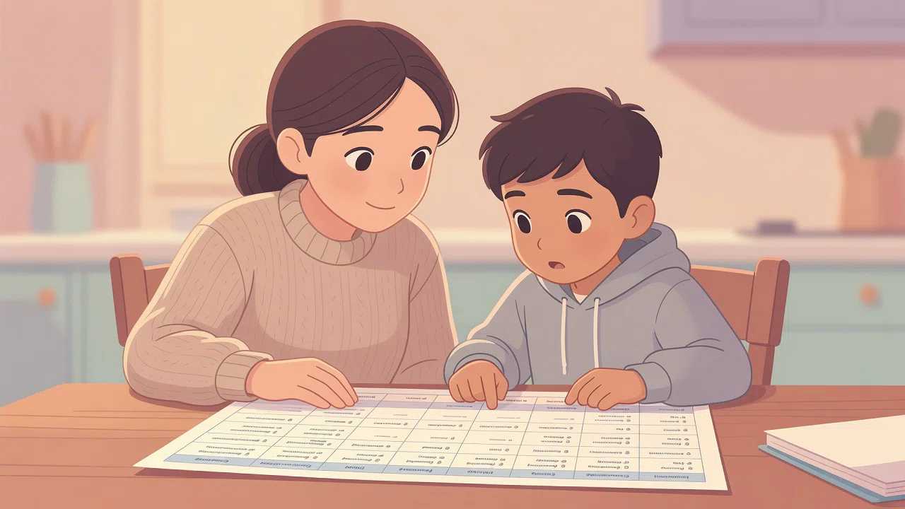 Parent and fifth grader reviewing a middle school schedule together