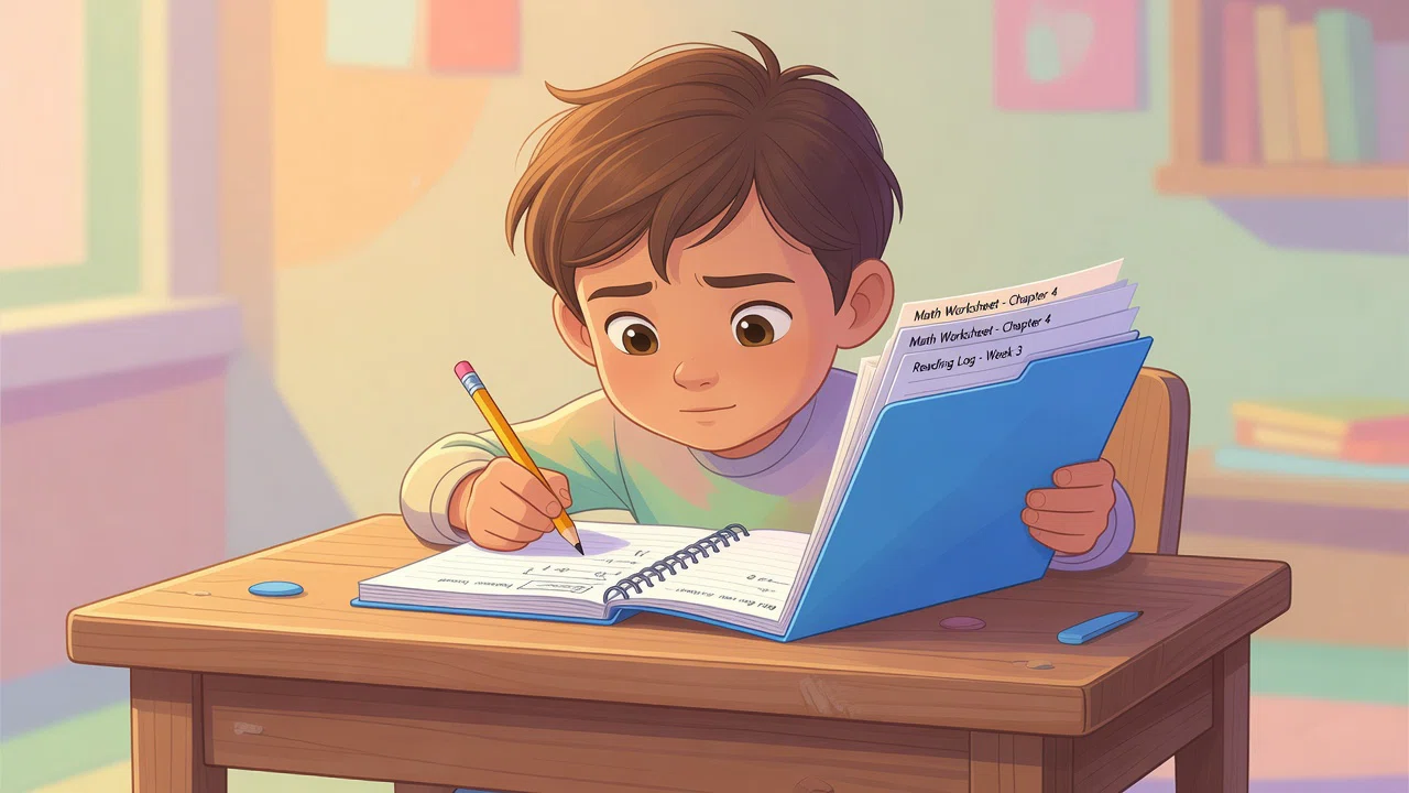 A fourth grader planning homework with a folder and pencil