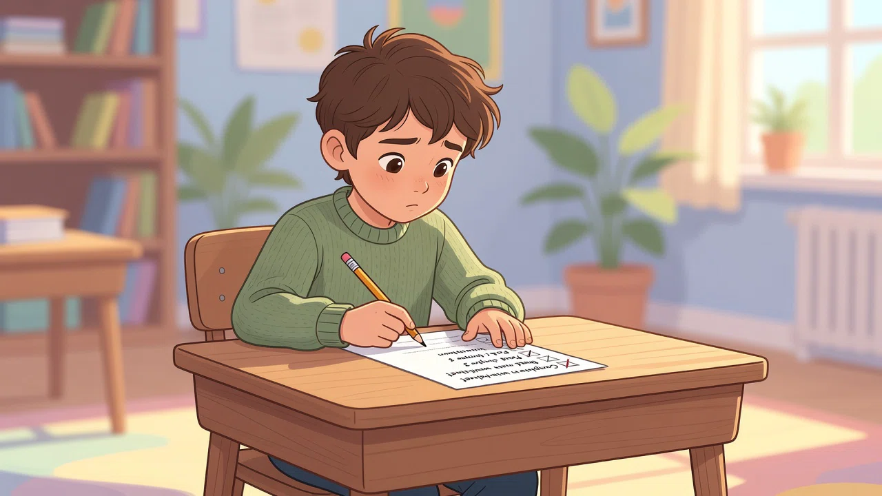 A third grader using a simple school checklist at a desk