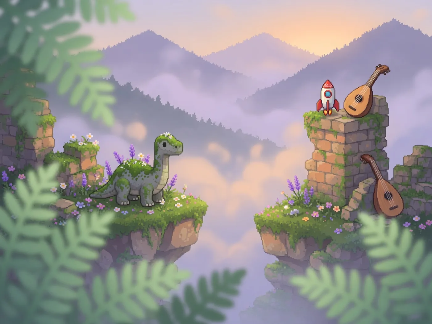 A mossy dinosaur statue, toy rocket, and lute tucked into cliff gardens