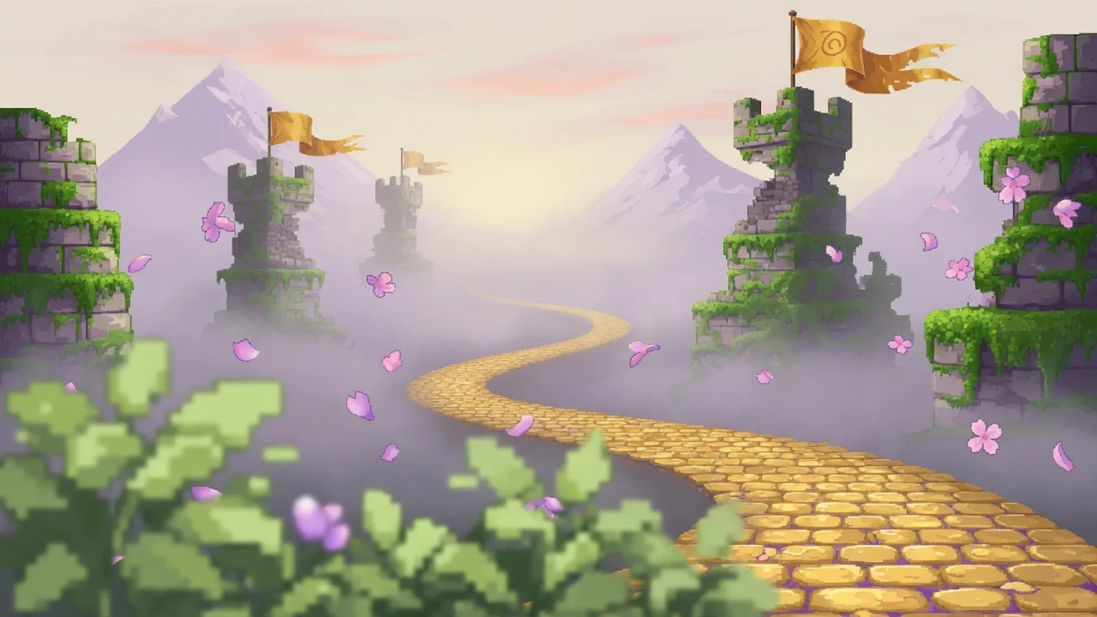 A golden path winding through misty cliff ruins at dawn