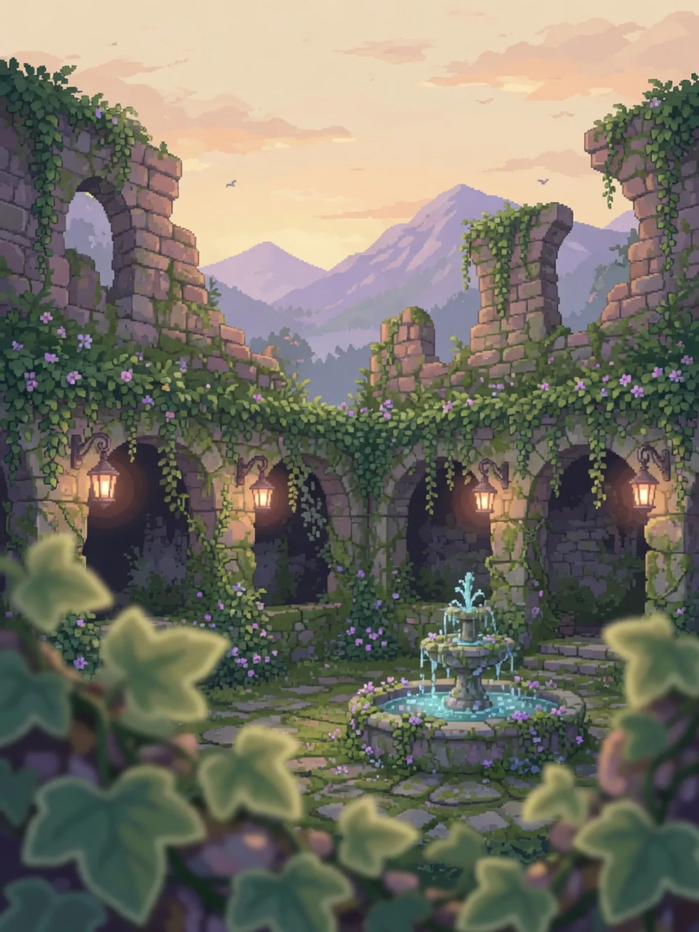 A lantern-lit ivy cloister garden sheltered between the cliffs