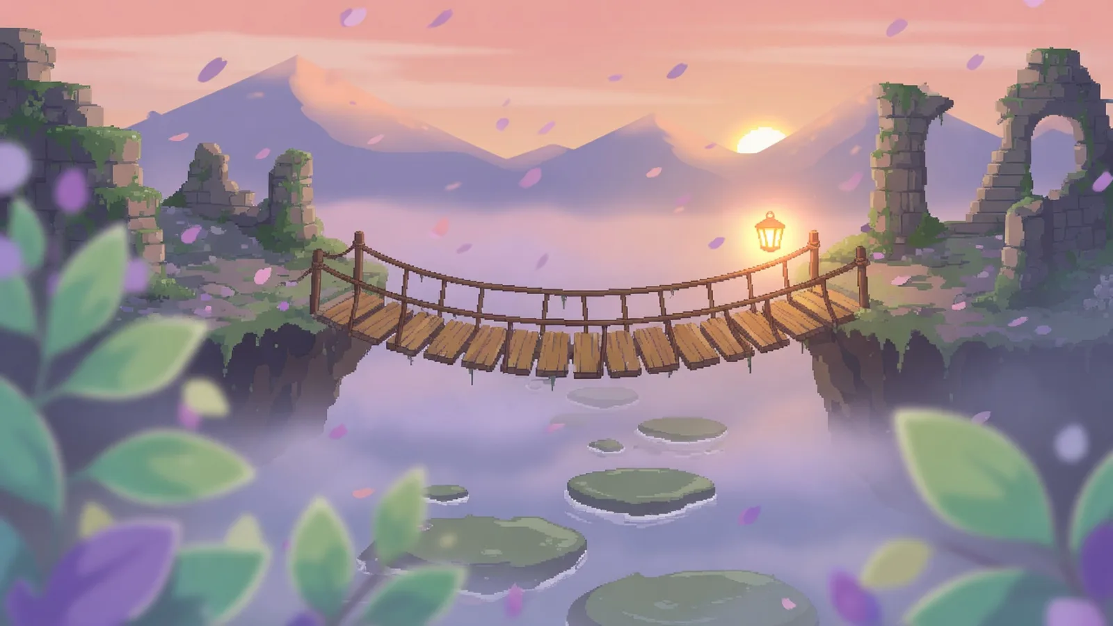 A wooden bridge and stepping stones over mist, with a lantern on the far side